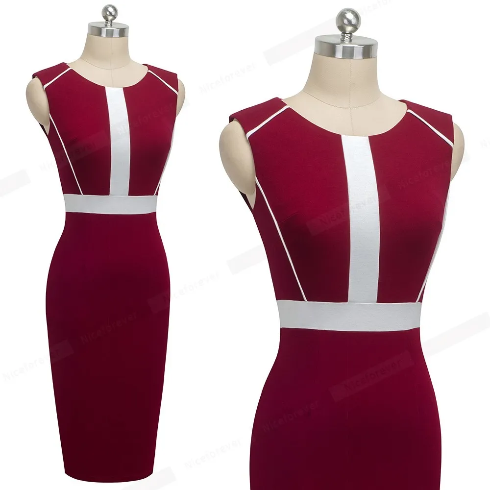 Guaina patchwork di colore vintage a contrasto vestidos Abiti da lavoro ufficio Bodycon Donna Abito femminile B530 210419