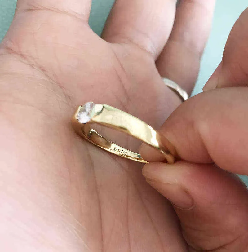 Yanhui 100% Original 925 Solid Silver Golden Engagement Bröllop Ringar Med Kubik Zirconia Fina Smycken För Män Kvinnor R16 211217
