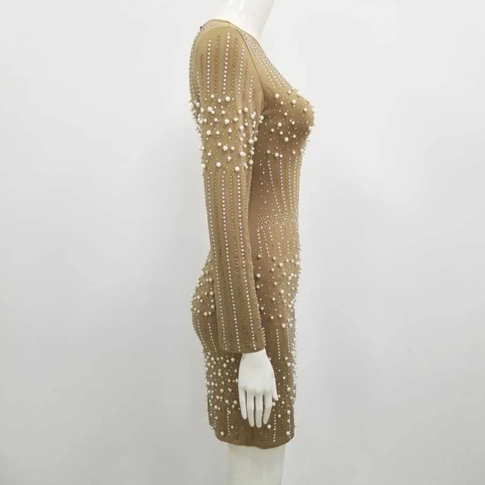 Vinter damer sexig spets mesh öga pärlor långärmad elegant fest klänning mini bodycon vestido 210527