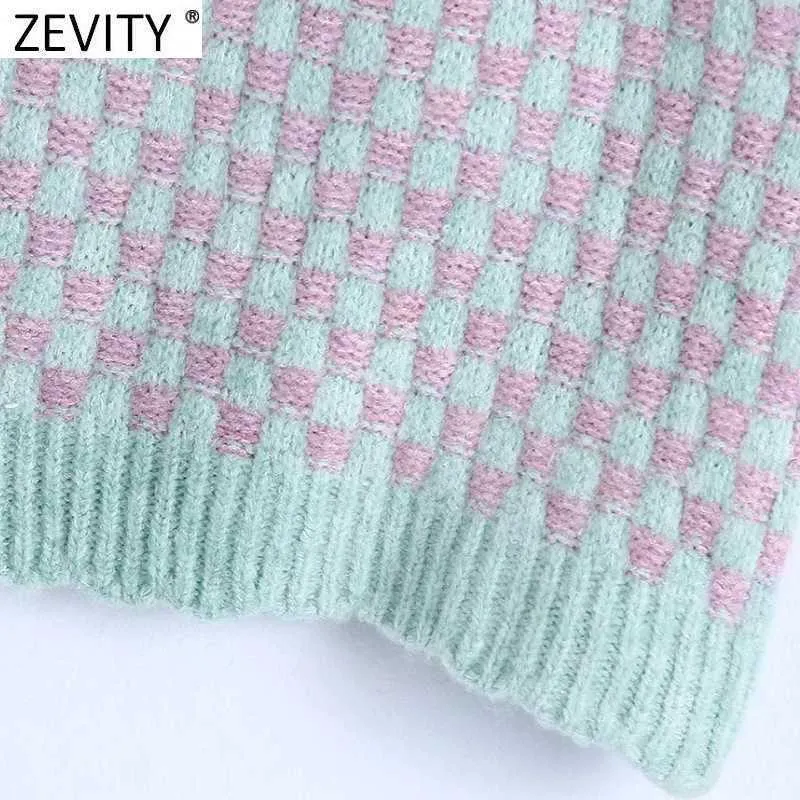 Zevity Women Contrast Houndstooth Plaid Short Knitting Vest Sweater Female Chic O Neck Sleeveless Pullovers Waistcoat Tops SW702 210603