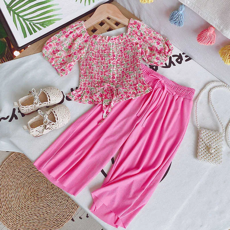 Conjuntos de roupas de meninas de verão Moda Impressão de frutas Suspender Top + Bloomer Calças Suits Bebê Kids Outfits Terno 210625