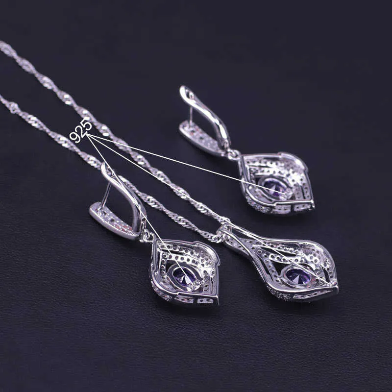 Örhängen Ring Halsband Set Lila Cubic Zircon Silver Färg Smycken Set för Kvinnor Bröllop Smycken Bröllop / Engagemang Set H1022