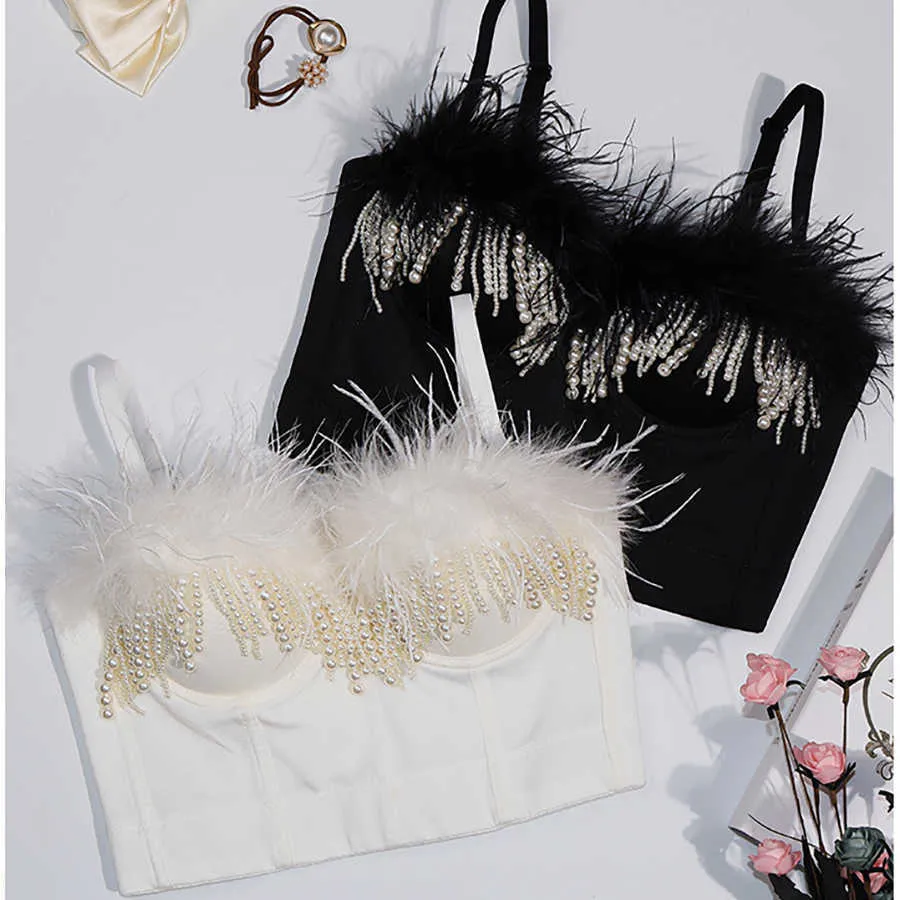 2021 Printemps Plumes Perles Sexy Court Sans Manches Top Femmes Avec Soutien-Gorge Intégré Push Up Bralette Discothèque Performance Crop Tops X0726