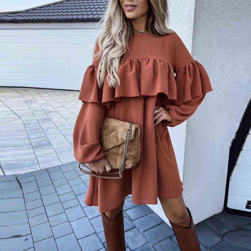 Kantoor dame lange mouw feestjurk elegante ruche losse mini jurk mode vrouwen herfst o nek solide trui jurken vestidos y1204