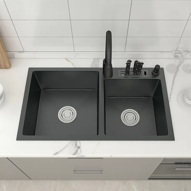 Évier de cuisine à Double cuve en acier inoxydable 304, avec porte-couteau, bassin gris foncé à encastrer ou à encastrer avec accessoires de Drainage275y