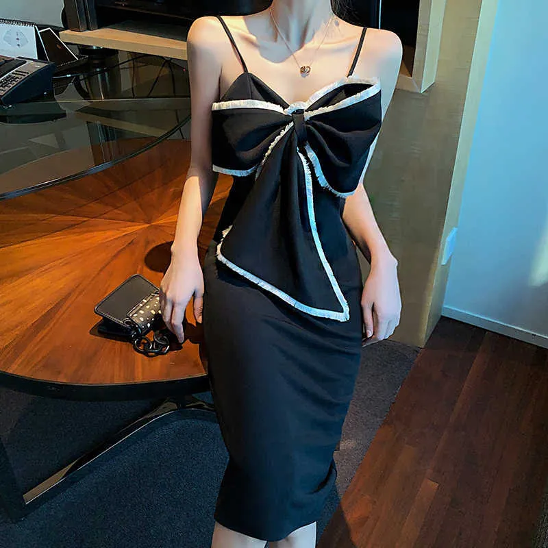 PERHAPS U Women Summer Elegant Sexy Club Black Asymmetrical Bow Camisole Strap V-Neck Sheath Short Dress D3043 210529