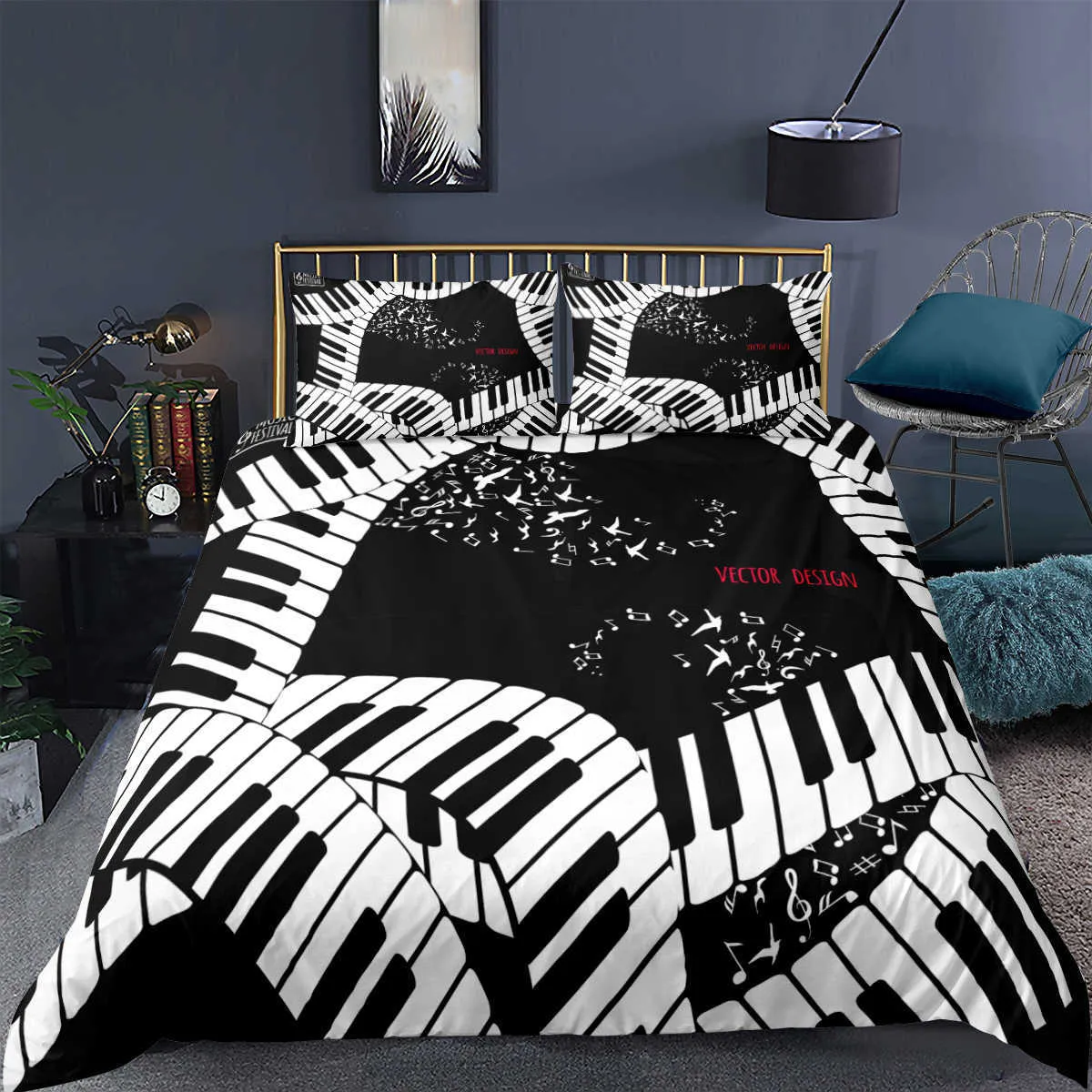 ピアノの音楽ノート印刷された寝具セット3Dラグジュアリーベッドセット掛け布団大人の子供用布団カバー枕カバーツインクイーンキングサイズh09134508075