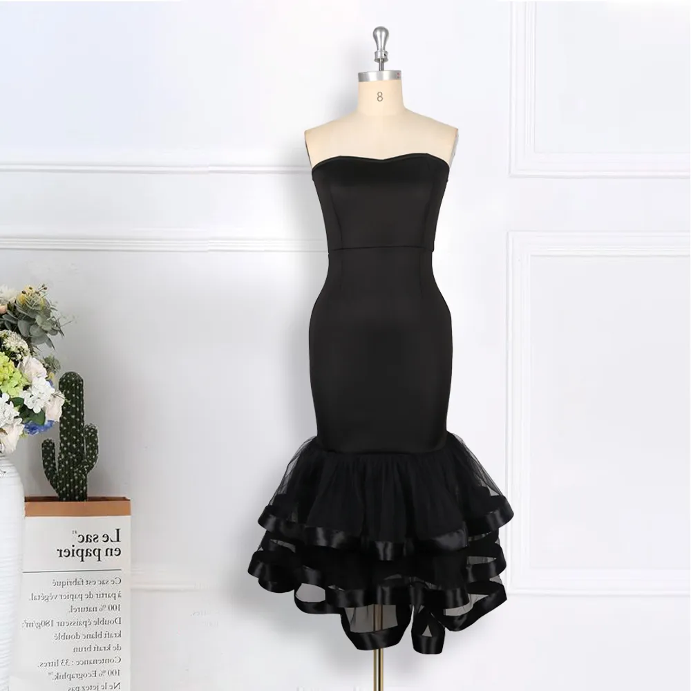 Women Sexy Tube Top Black Dresses Mesh Patchwork Plus Size Off Shoulder Bodycon Evening Party Wedding Celebrate Event Robes Gown 210416