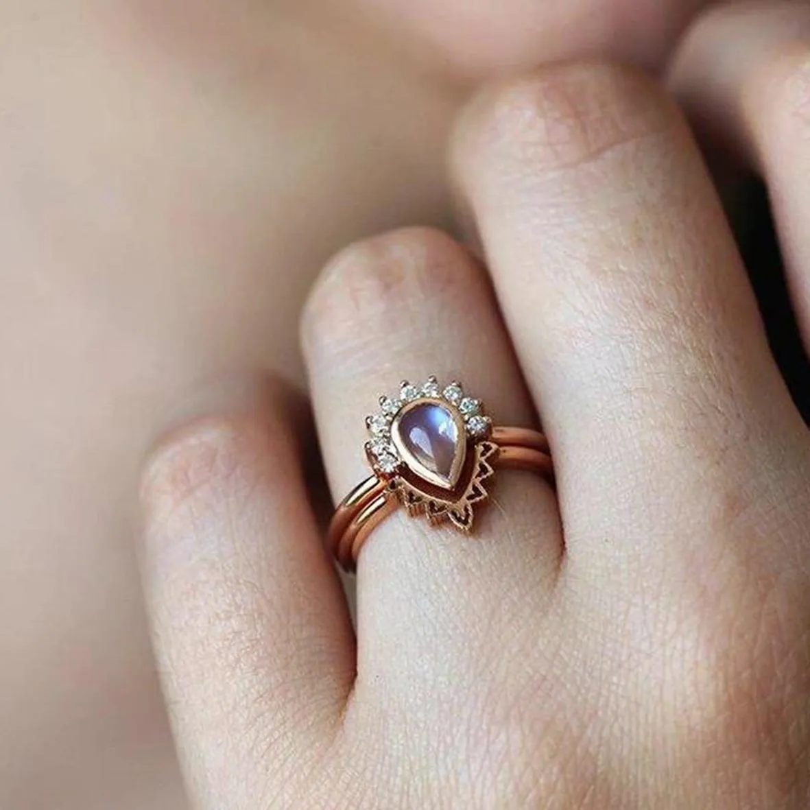Gioielli in argento sterling 100% 925 taglio pera 5x8mm arcobaleno blu pietra di luna naturale set anello di fidanzamento nuziale le donne regalo