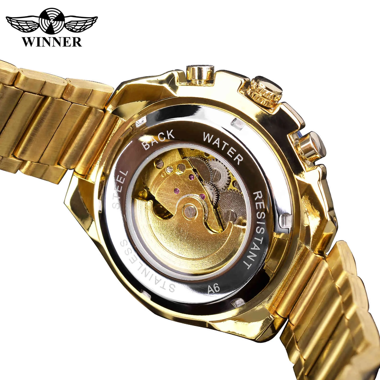 Winnaar Blauw Licht Glas Nieuwe Mode Heren Horloges Zwart Gouden Roestvrij Staal Waterdicht Sport Automatisch Horloge Lichtgevende Clock242H