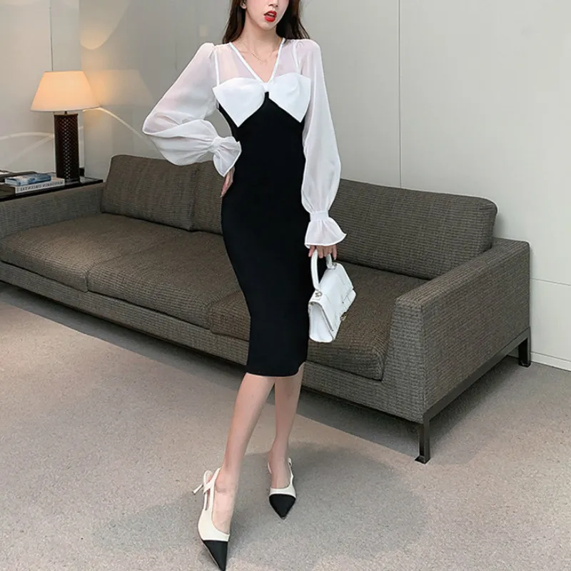 Kimutomo Women V-neck Bow Dress Spring Autumn Korea Chic Ladies Patchwork Chiffon Flare Sleeve Black Vestido Elegant 210521