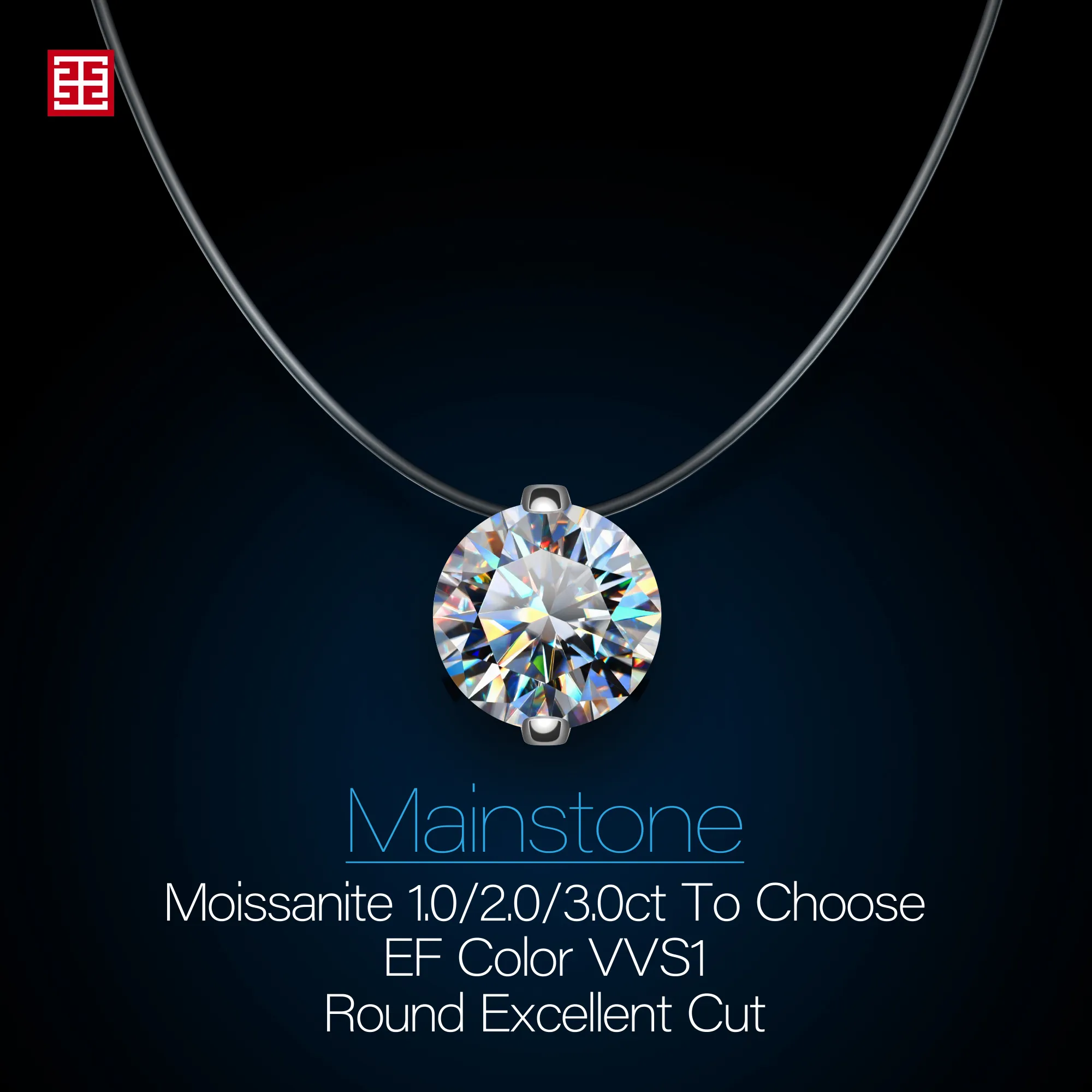 GIGAJEWE Moissanite Christmas Necklace 3 0ct 9 0mm VVS1 EF Color Pendent Round Cut Fish Line GMSN-0083292