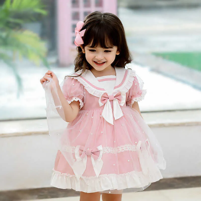 Barn spanska klänningar barn lolita prinsessan kläder för flicka spädbarn födelsedagsfest båge spets klänning baby tjejer boutique frocks 210615