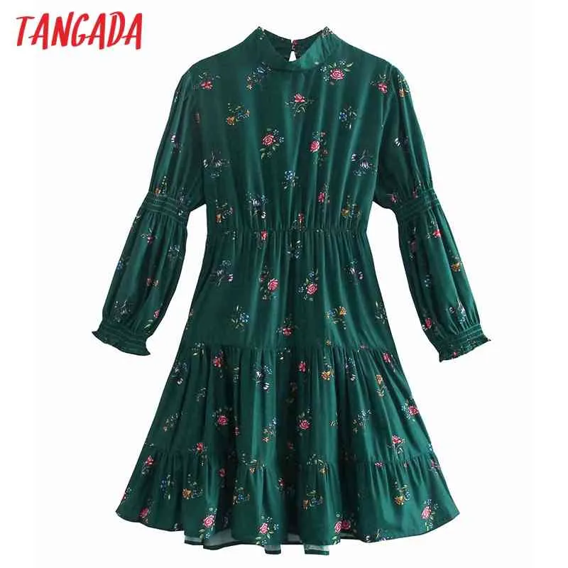 Mode femmes vert fleurs imprimer chemise plissée à manches longues haute rue dames Mini robe 2W85 210416
