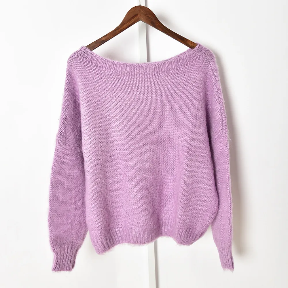 2021 Autumn Fall Long Sleeves Round Neck Purple Solid Color Mohair Knitted Loose Pullover Style Sweater Women Fashion Knits Tops J2321110