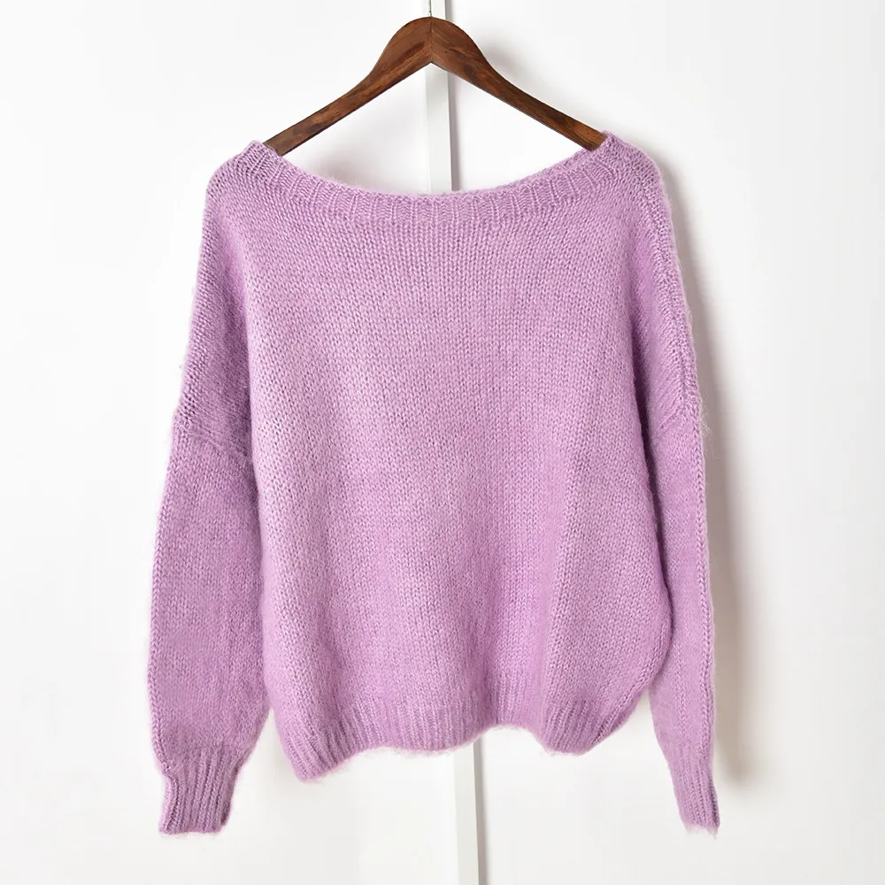 2021 otoño otoño manga larga cuello redondo púrpura Color sólido Mohair tejido suelto estilo suéter mujer moda tejidos Tops J2321110