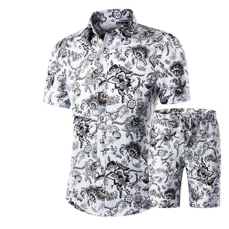 Estate Tuta hawaiana da uomo Moda casual Stampa floreale Camicie + Pantaloncini Set da uomo 2 pezzi Set Abiti da spiaggia Uomo Abbigliamento cool 210714