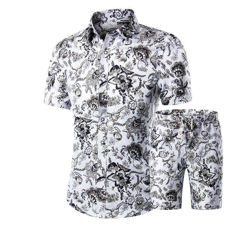 Summer Hawaiian Tracksuit Men Casual Fashion Floral Print Shirts+Shorts Set Men's Set Beach Suits Male Cool Clothing 210714