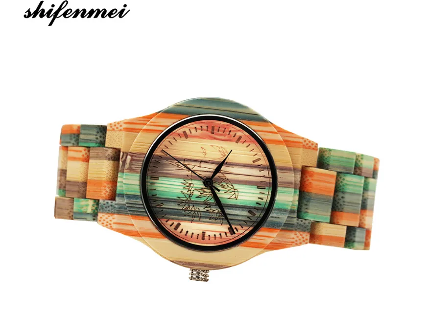 Shifenmei Watch Kolorowa bambusowa atmosfera obserwuje naturalną ekologię karbonizacja prosta kwarcowa WristWatches2368