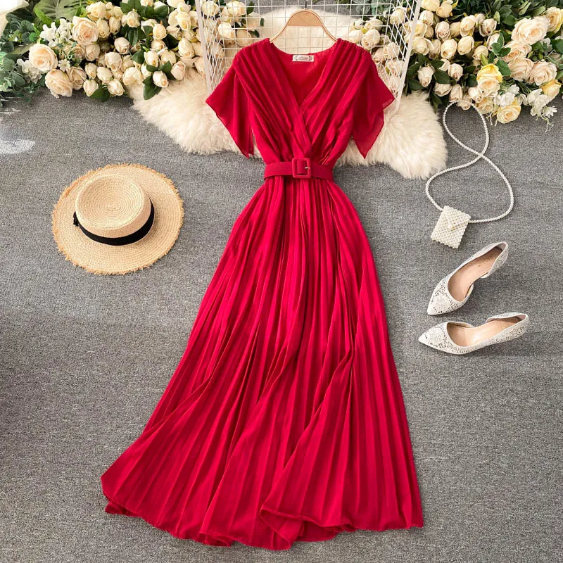 Singreiny Women Summer Pleated Klänning Koreansk V Neck Elegant Solid A-Line Dresses Fashion Romantic Holiday Beach Lång Klänning 210419