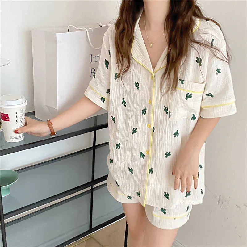 Damasco chique casual impresso plantas homewear mulheres sleepwear pijama ternos de algodão verão todos os conjuntos soltos sets 210525