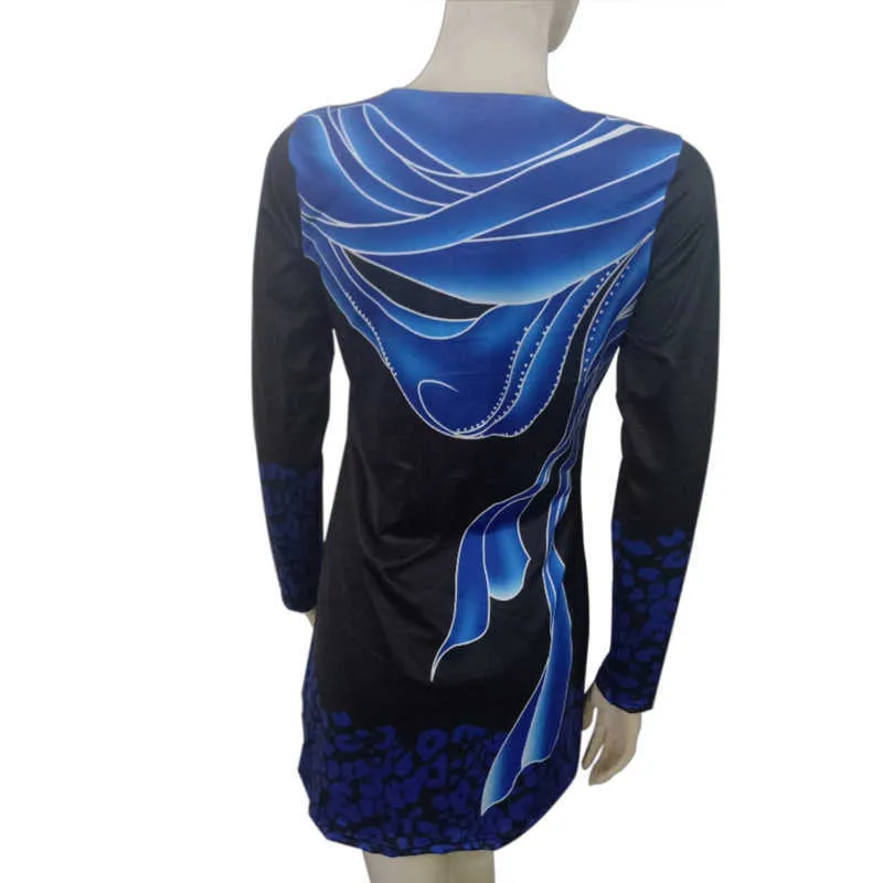 Plus Size 4XL 5XL 2019 Kobiety Nowy Summer Boho Print Blue Topy Z Długim Rękawem Elastyczność Koszulka Koszulka Dorywczo Luźne Damskie Koszula X0628