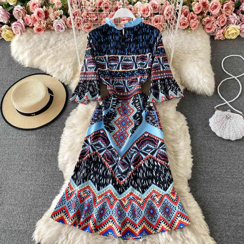 Summer Fashion Print Vestidos Slim and Thin Stand-up Collar Manica a tromba Temperamento Fishtail Midi Dress C649 210506