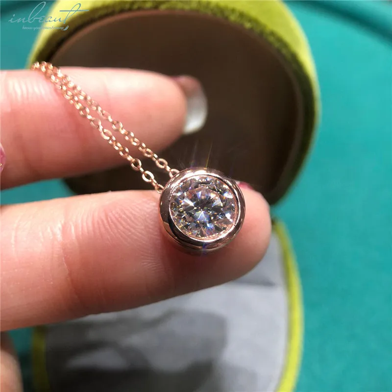 Collier avec pendentif en or Rose et argent 925, excellente coupe, 2 diamants, Test passé Moissanite, forme ronde, bijoux fins pour femmes