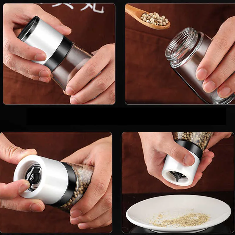 Premium Manual Salt Mill Clear Glass Body Pepper Grinder, Adjustable Ceramic Grinding, Spice Tools 210712