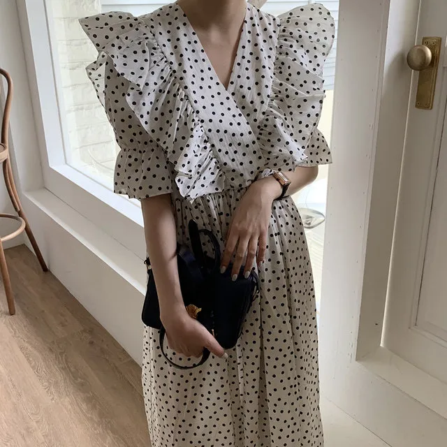 Polka Dot Rüschen V-Ausschnitt großer Rock Chiffon Kleid lässig weiblich Sommer j koreanische Mode Damenbekleidung 210520