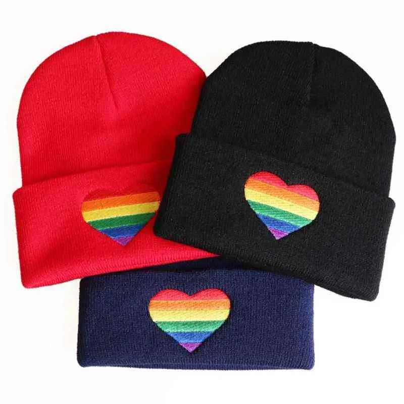 Unisex Rainbow Heart Haft Dzianiny Kapelusz Zima Jesień Pride Beanie Cap Y21111