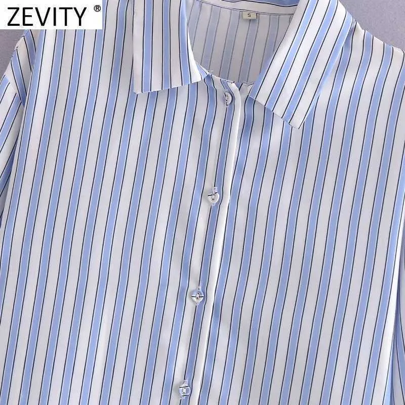 Zevity Women Fashion Striped Print Loose Smock Blouse Office Ladies Casual Breaded Business Shirts Chic Blusas Tops LS9322 210603