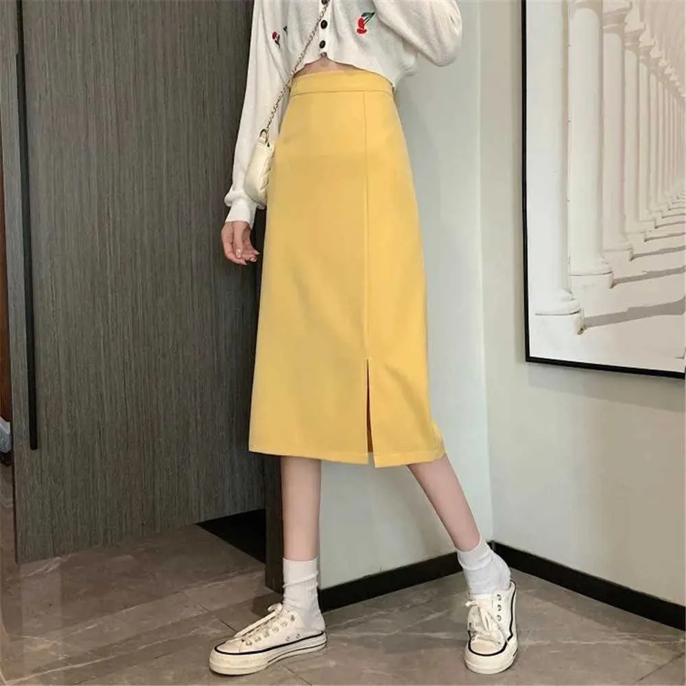 Simple Slim High Waist Side-Slit Empire Wild Solid Mid-Calf Women Aline Skirts Korean Style Casual Black Elegant Office Ladies 210619
