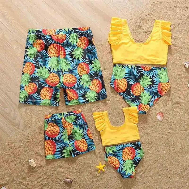 Costumi da bagno estivi con maniche a volant Look ananas Stampa completa Set gialli Costumi da bagno coordinati la famiglia Bikini madre figlia 210417