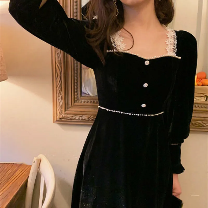 Winter Vintage Black Dress Women Casual Elegant Long Sleeve Square Collar Gothic Party Dress Female Dress Korean 210521