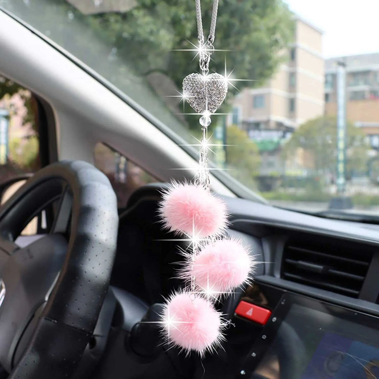 Bling Car Mirror Accessories for Women Bling Love Heart and Pink Plush ball Bling Rinestones Crystal Diamond Car Accessories2158446