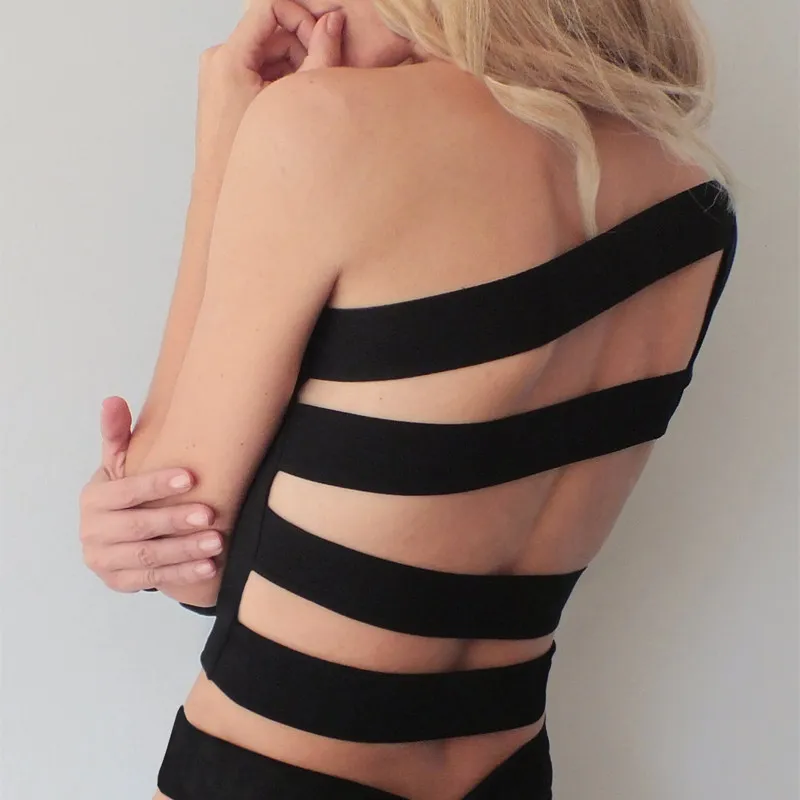 Une épaule pente décolleté t-shirt Sexy dos nu Bandage à manches longues femmes t-shirt noir haut court Y2K 90S vêtements 210517