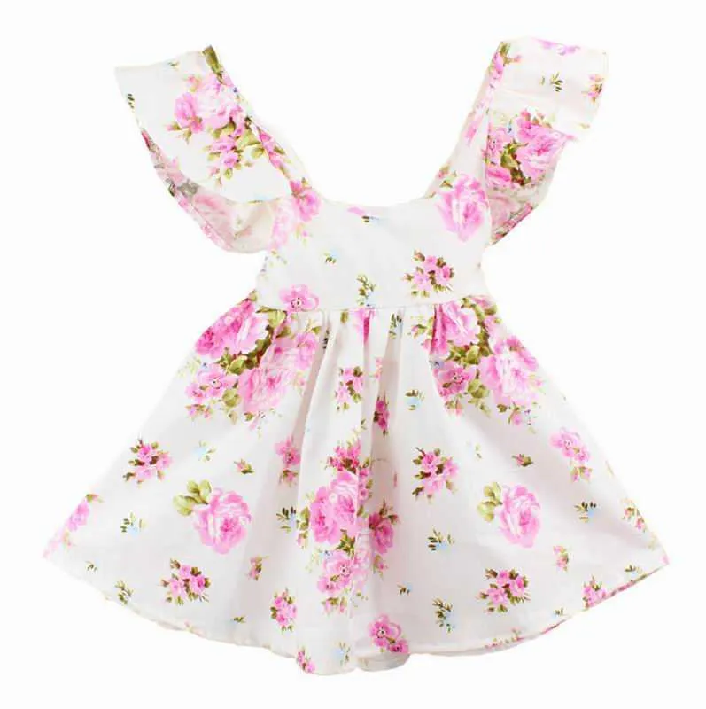 Retail Summer Easter Girl Dress Bohemian Style Backless Ruffle Floral Bomull Soltid Sundress Barnkläder 1-6Y E7125 210610