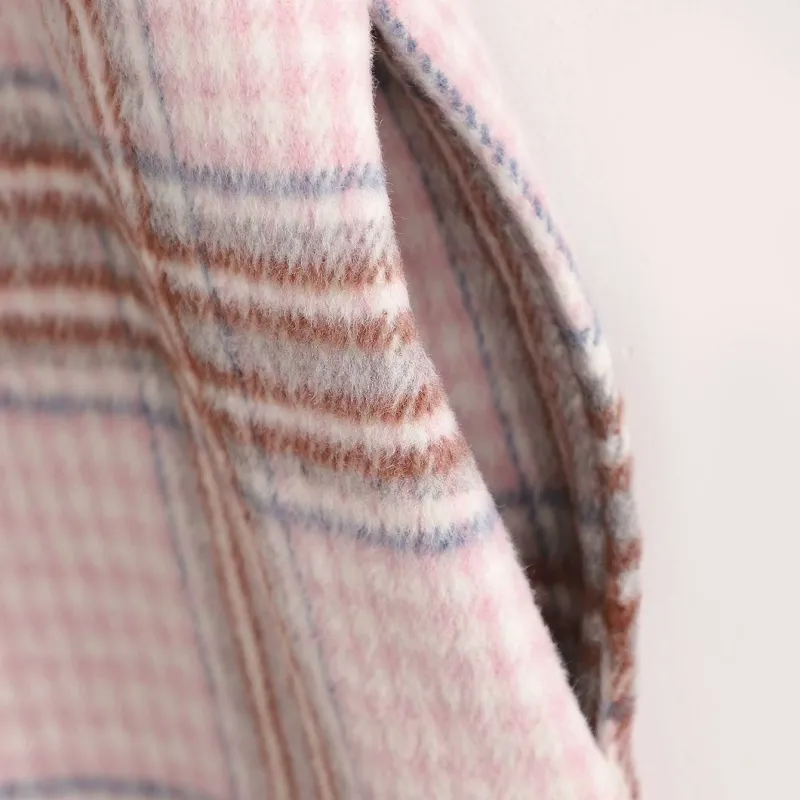 ビンテージ女性ルーズライトピンクの格子縞ロングウールのシャツコート秋冬ファッションソフトウアウトメスカジュアルジャケット210515