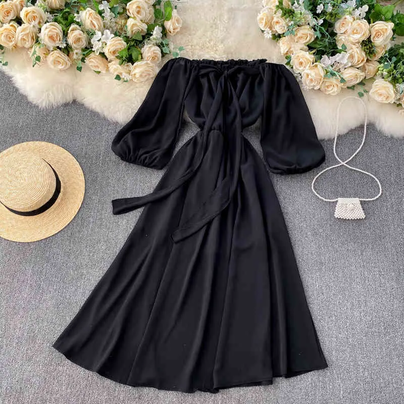 SINGREINY French Off Shoulder Women Dress Summer Sexy Slash Neck Puff Sleeve A-line Dresses Romantic Holiday Beach Midi Dress 210419