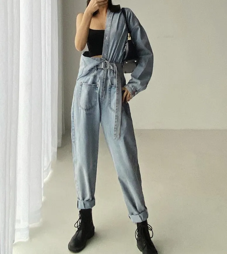 Chic Primavera Safari Denim Cool Mulheres Jumpsuits Fividores Fividões Sashes Manga Longa Bodysuits Calças Jeans Playsuits 210429