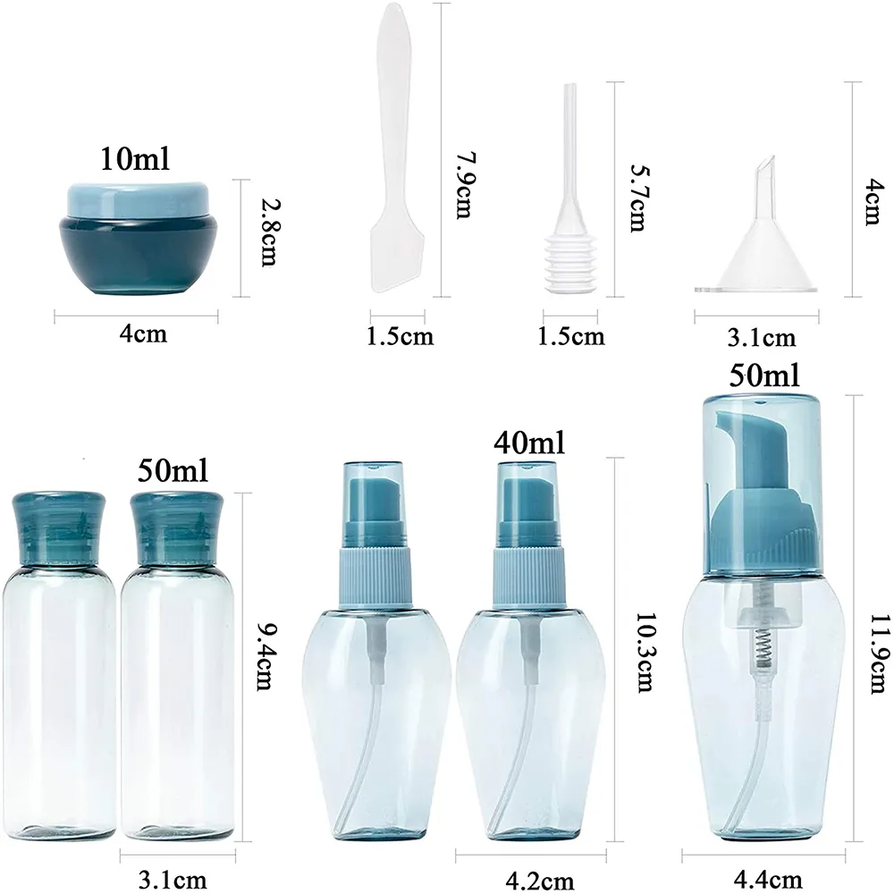 9 st / set Portable Travel Bottle Kit Refillerbara tomma behållare Spray Perfume, för kosmetik Cream Skin Lotion Makeup Remover
