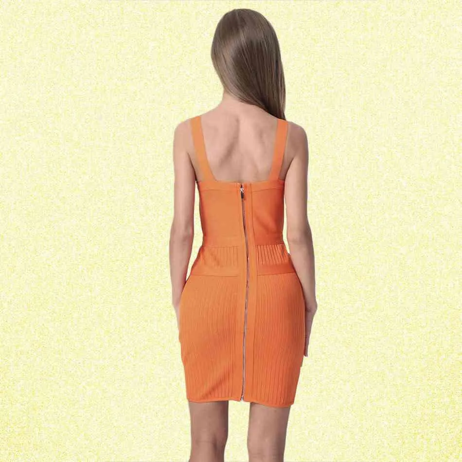 Nightclub black orange midi bandage dress Sexy fashion women's V-neck knit design Bodycon Club Party 210524