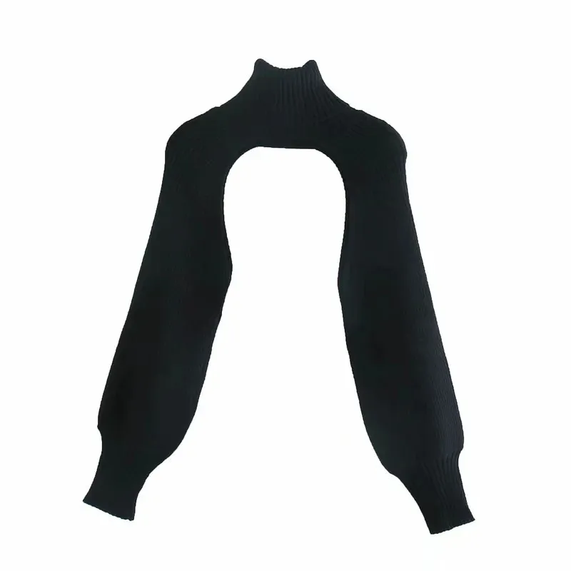 ブラックタートルネックアームウォーマーニットセーター女性ファッションリブ付きトリムロングパフスリーブレディースカジュアルプルオーバートップ210519