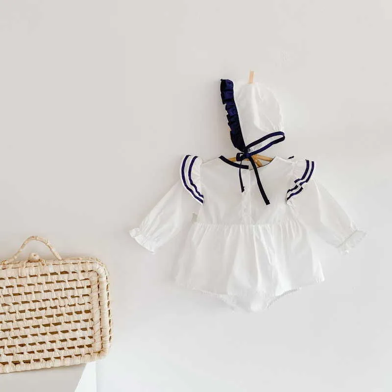 Летняя девочка Боди синий белый пэчворк с длинными рукавами комбинезон с кепкой родился милый стиль детская одежда E1067 210610