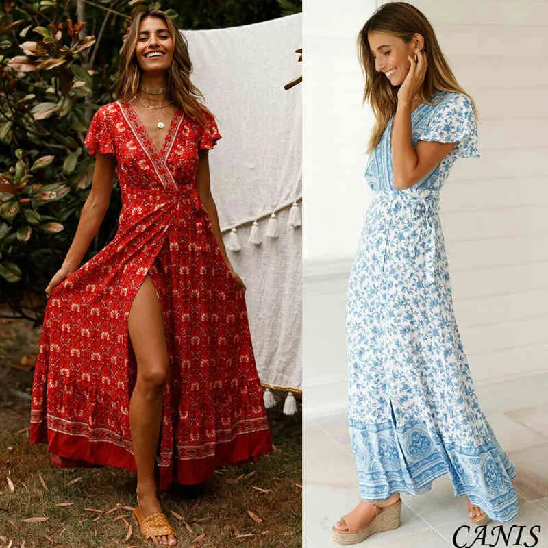 Kayotuas vestido de mujer sexy vacaciones largo boho dama estampado floral con cuello en v maxi verano ropa de playa mariposa manga corta sundress 210522