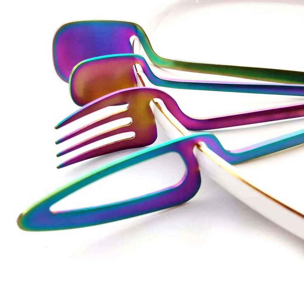 Rainbow Darware Set Sked Gaffel Knivbord Inredning Bestick Satser Kök Matte Guld Porslin Set Desserter Soppa Kaffe Använd 211012