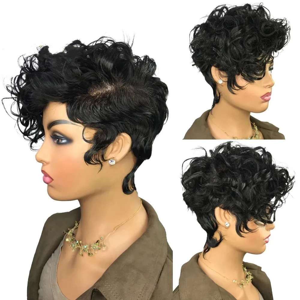 Natural Wavy Curly Short Pixie Cut Human Hair Wigs 180density Brazilian None Full Lace Front Wig With Long Bangs For Black Women