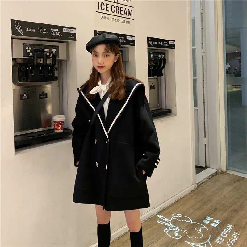 Vår Höst Navy Lapel Woolen Coat Kvinna Mid-Long Koreansk stil Kvinnors Ytterkläder Faux Wool Coats 210525