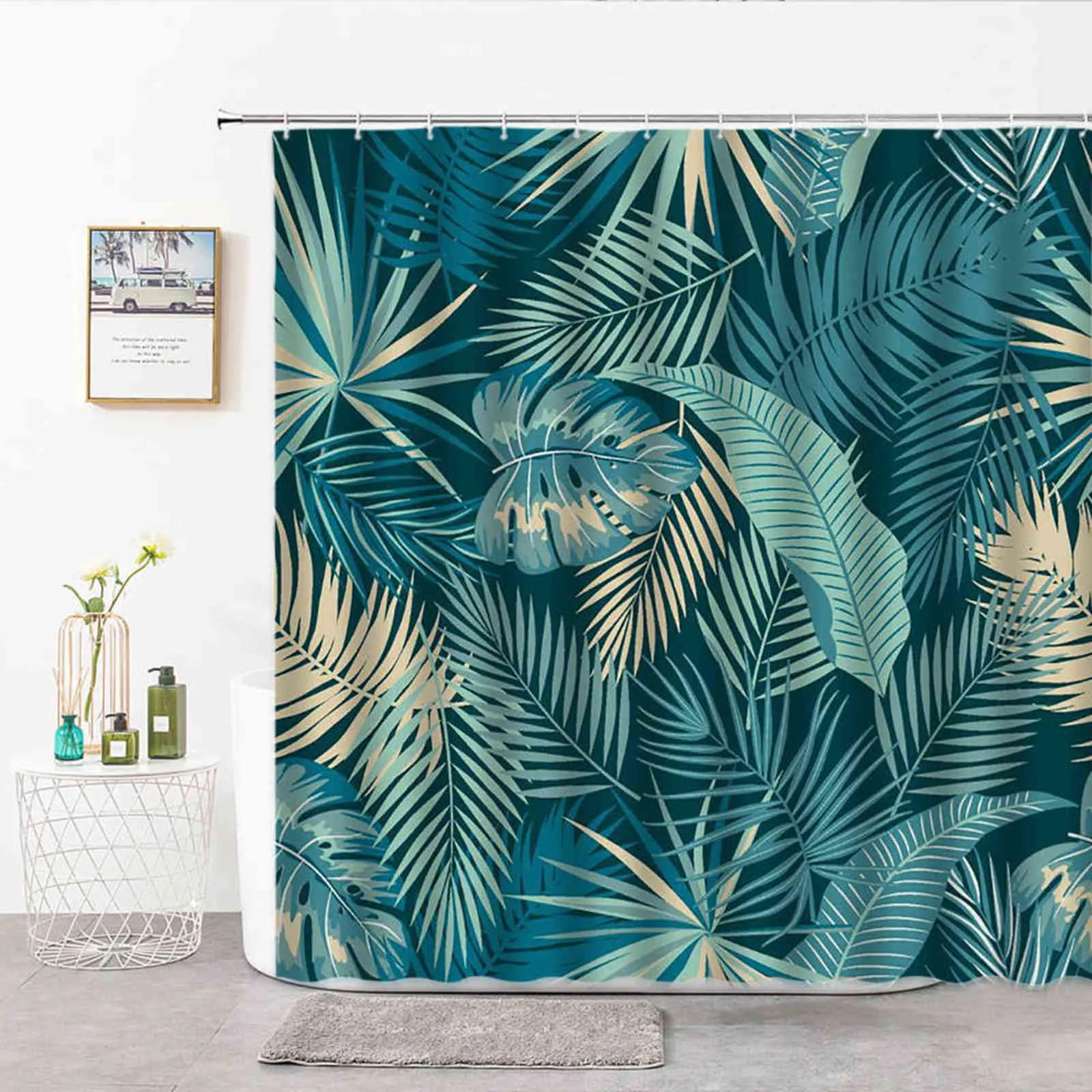 Cortinas de ducha con hojas de plantas, hoja de palma blanca y negra para decoración del baño, cortina de tela lavable, tamaño personalizable, cosas para el baño 216565888